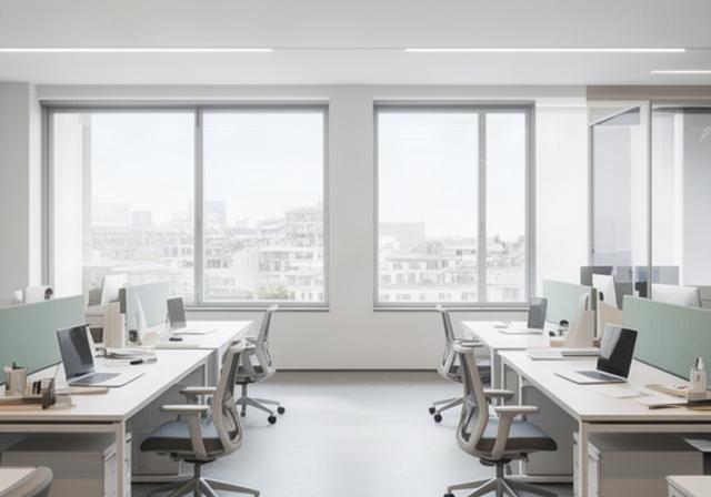Professionell gereinigtes modernes Büro in Zürich mit sauberen Arbeitsplätzen und grossen Fenstern
